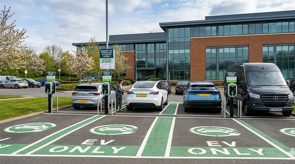 workplace car park with multiple EV charging bays and clear bay markings